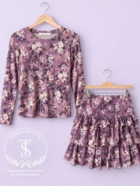 Ralph Lauren Lavender-Mauve Floral Long-Sleeve Sweater and skirt set.